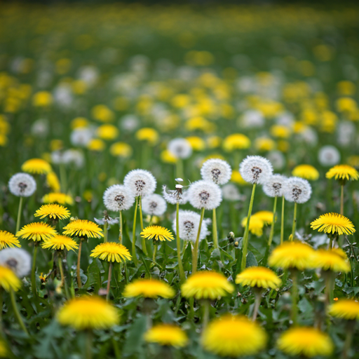 a picture of a lawn with a lot of dandelions on it.